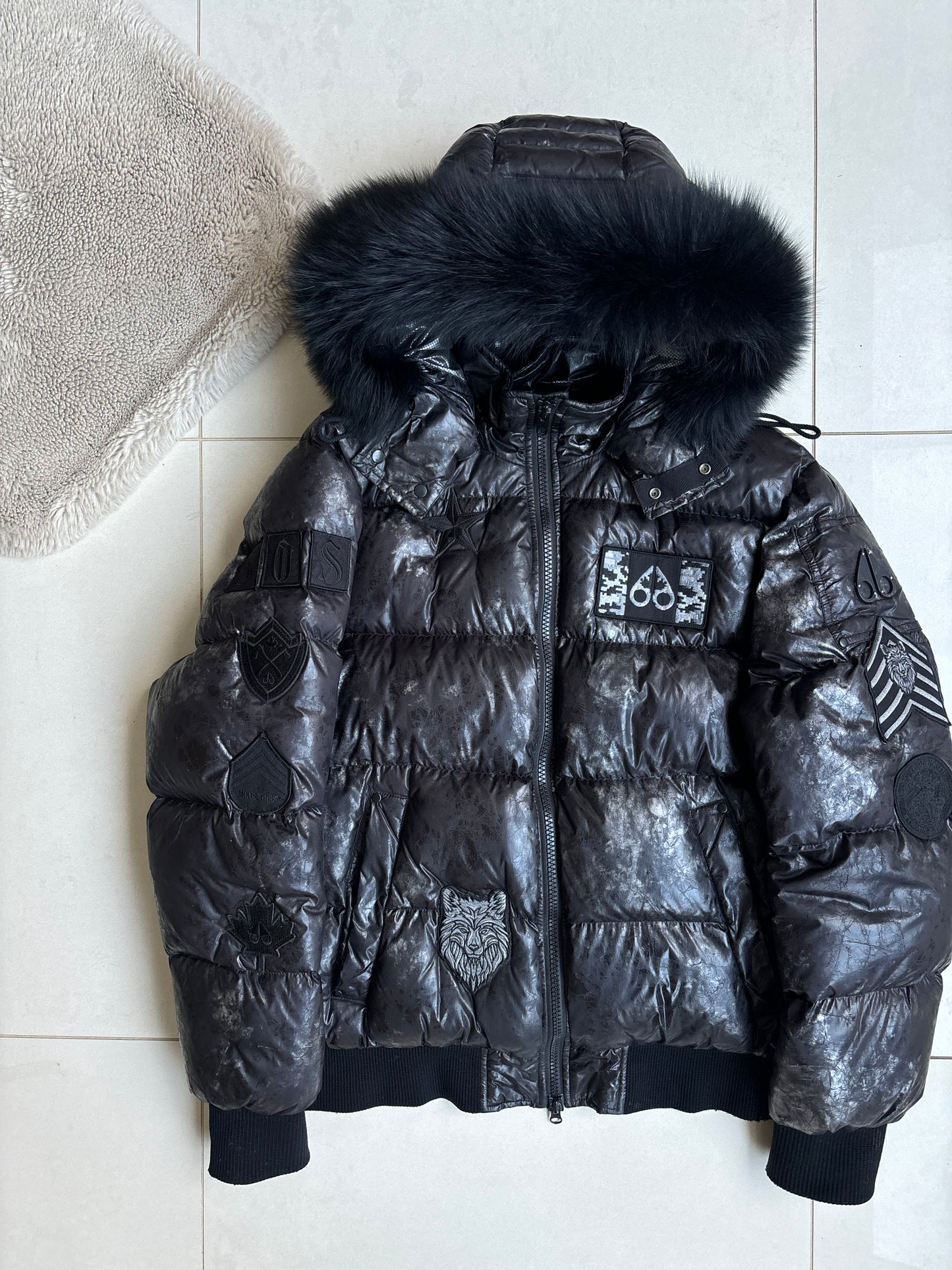Moose Knuckle Black Marble Fur Bomber Coat XL