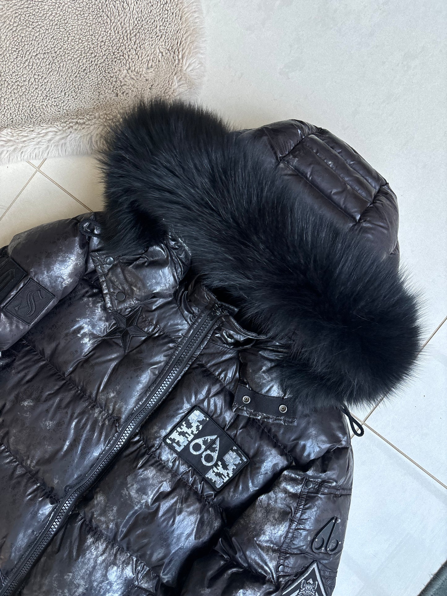 Moose Knuckle Black Marble Fur Bomber Coat XL
