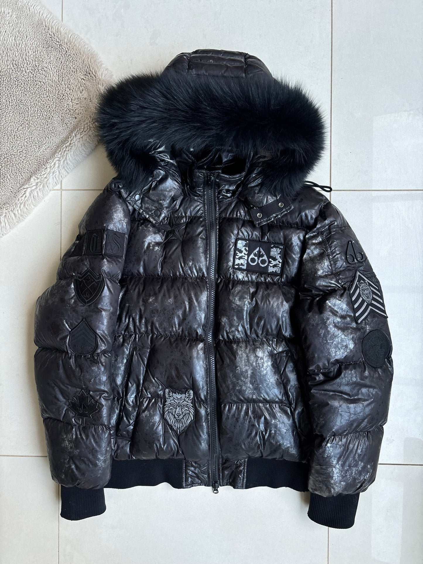 Moose Knuckle Black Marble Fur Bomber Coat XL