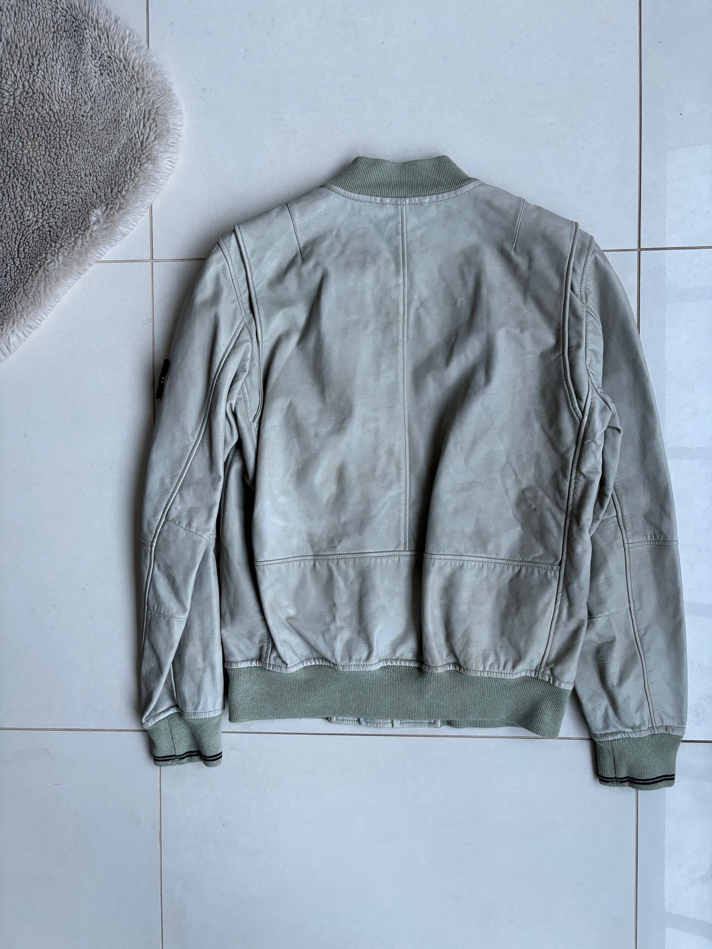 Stone Island Lightweight Leather Felpa Bomber Jacket Sand/Pale Green M