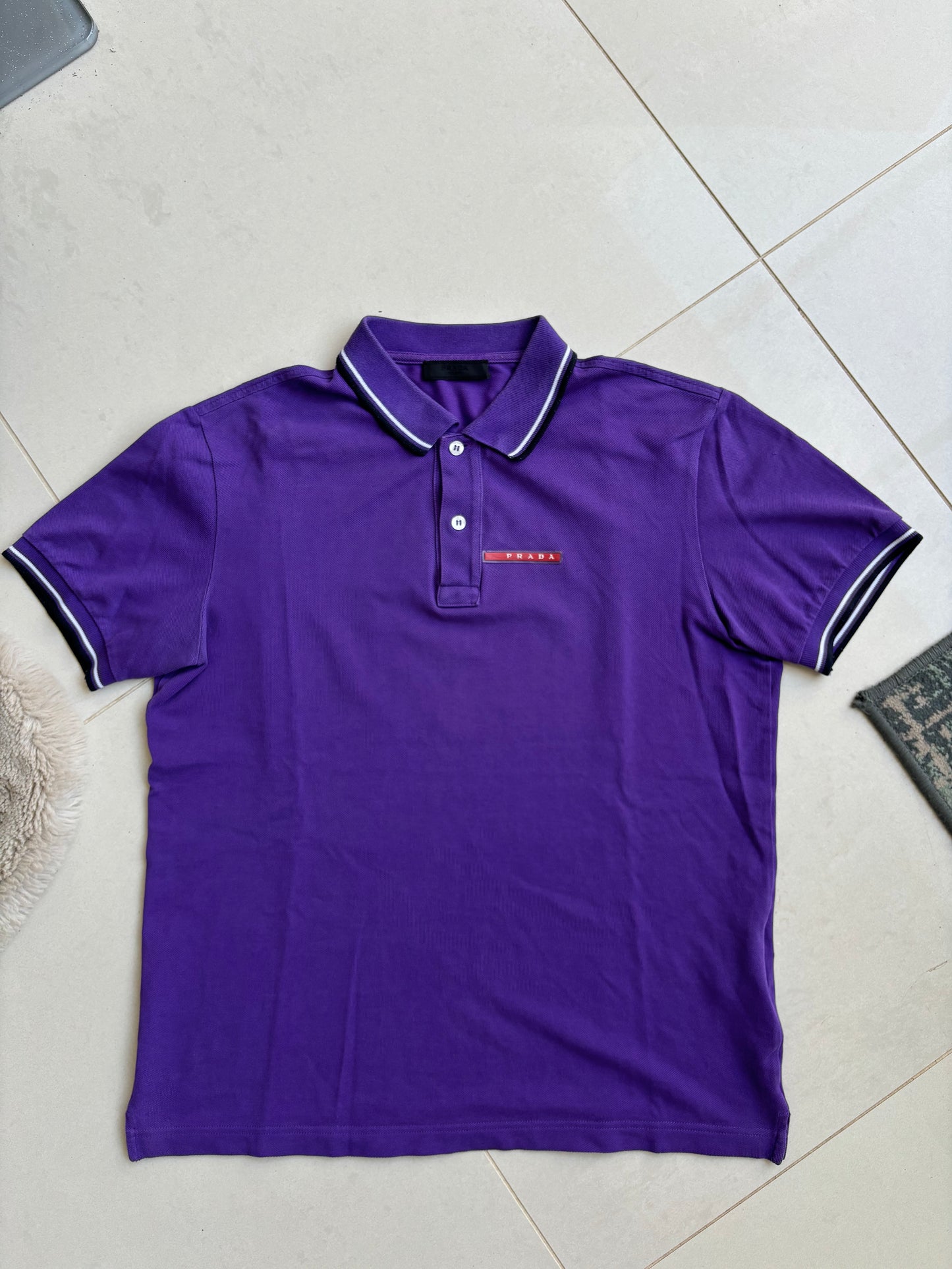 Prada Small Logo Striped Polo Shirt Purple M