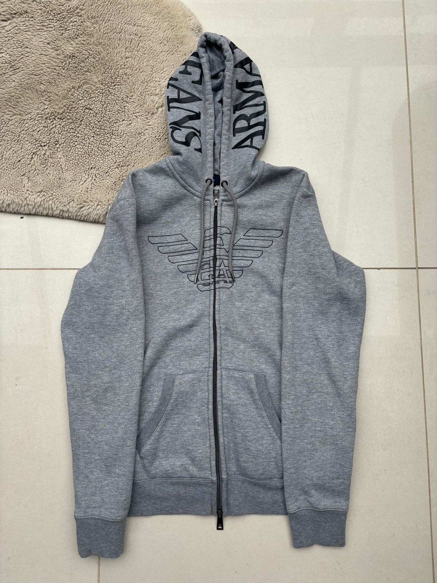 Armani Jeans Hood Script Grey Zip Hoodie M