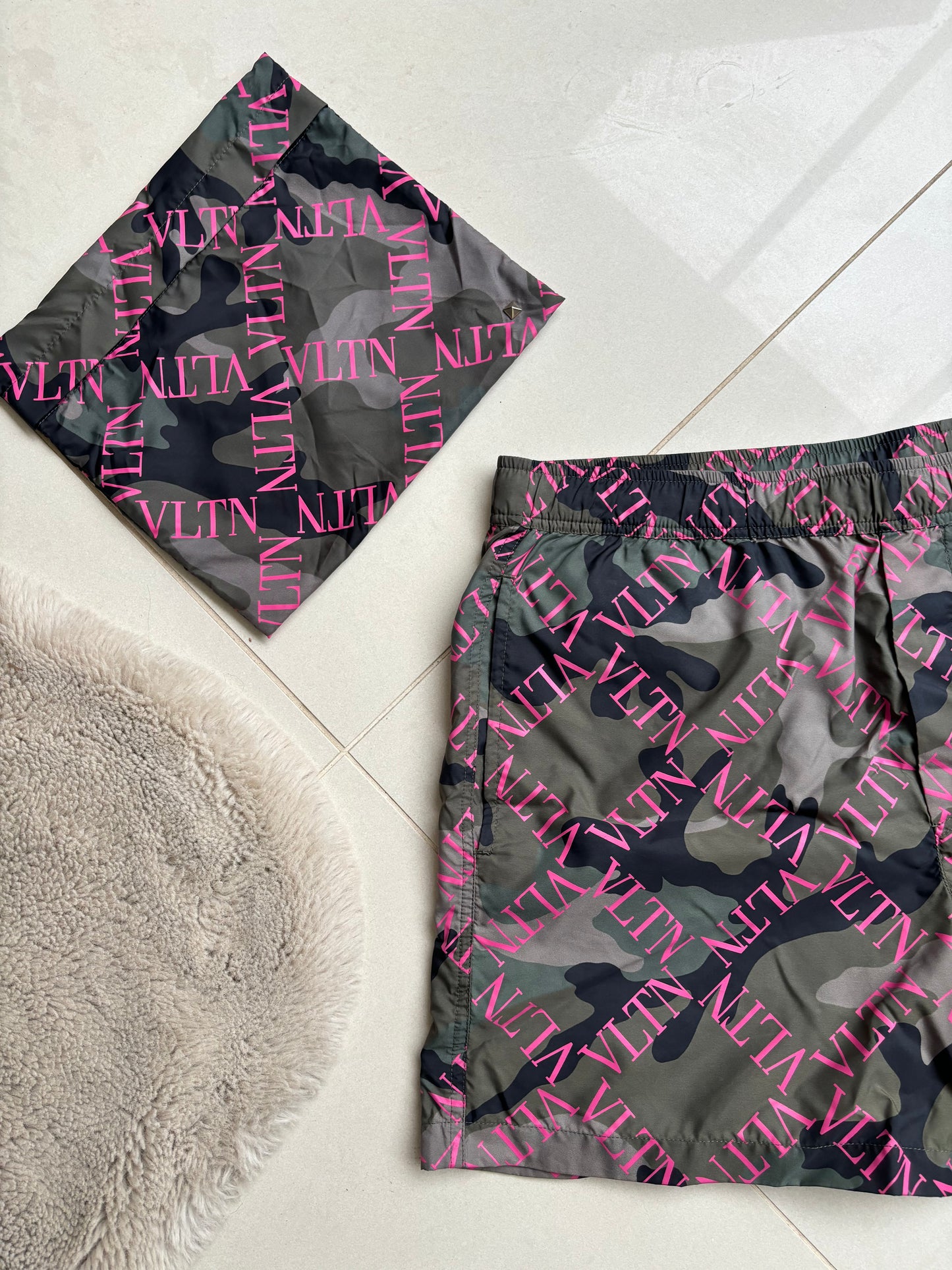 Valentino Mens Swim Shorts Camo Pink Script 46