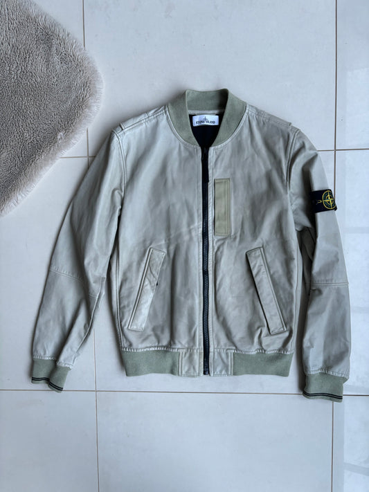 Stone Island Lightweight Leather Felpa Bomber Jacket Sand/Pale Green M