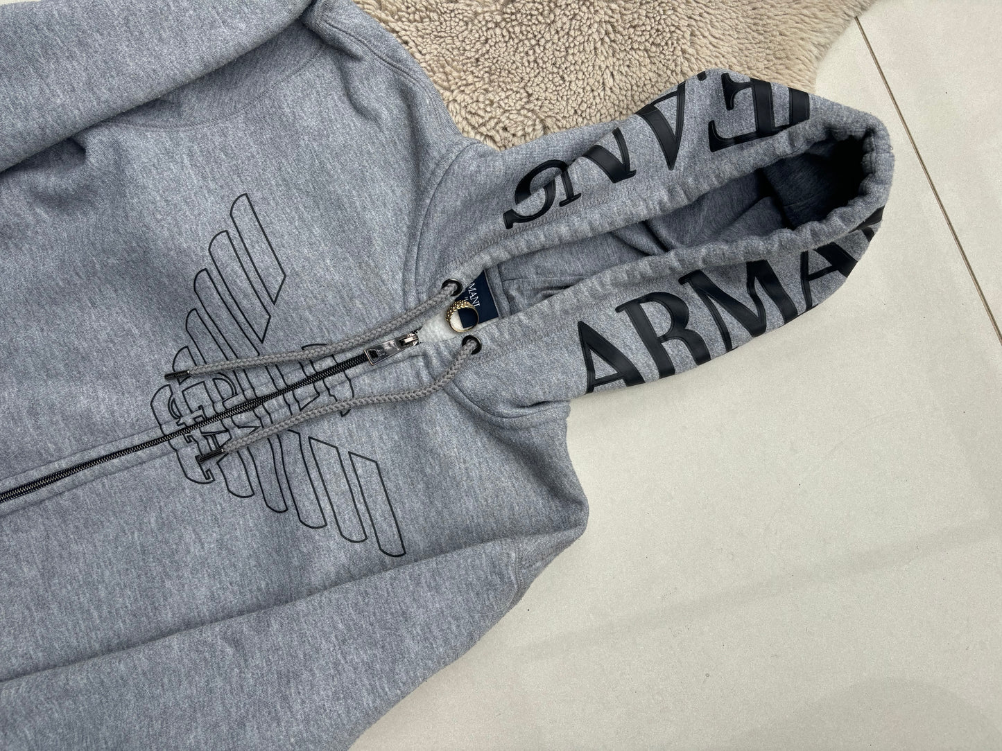 Armani Jeans Hood Script Grey Zip Hoodie M