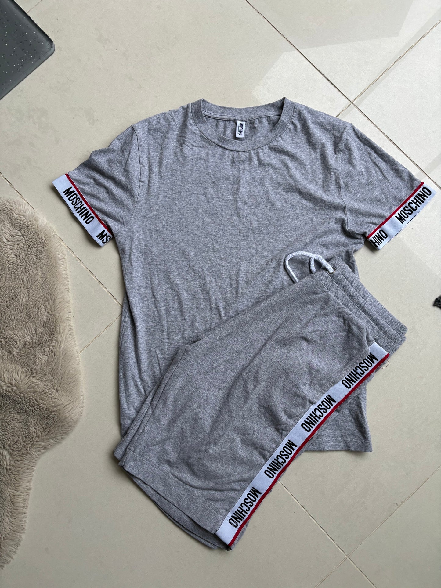 Moschino Mens Grey Tape Shorts + T Shirt Set M