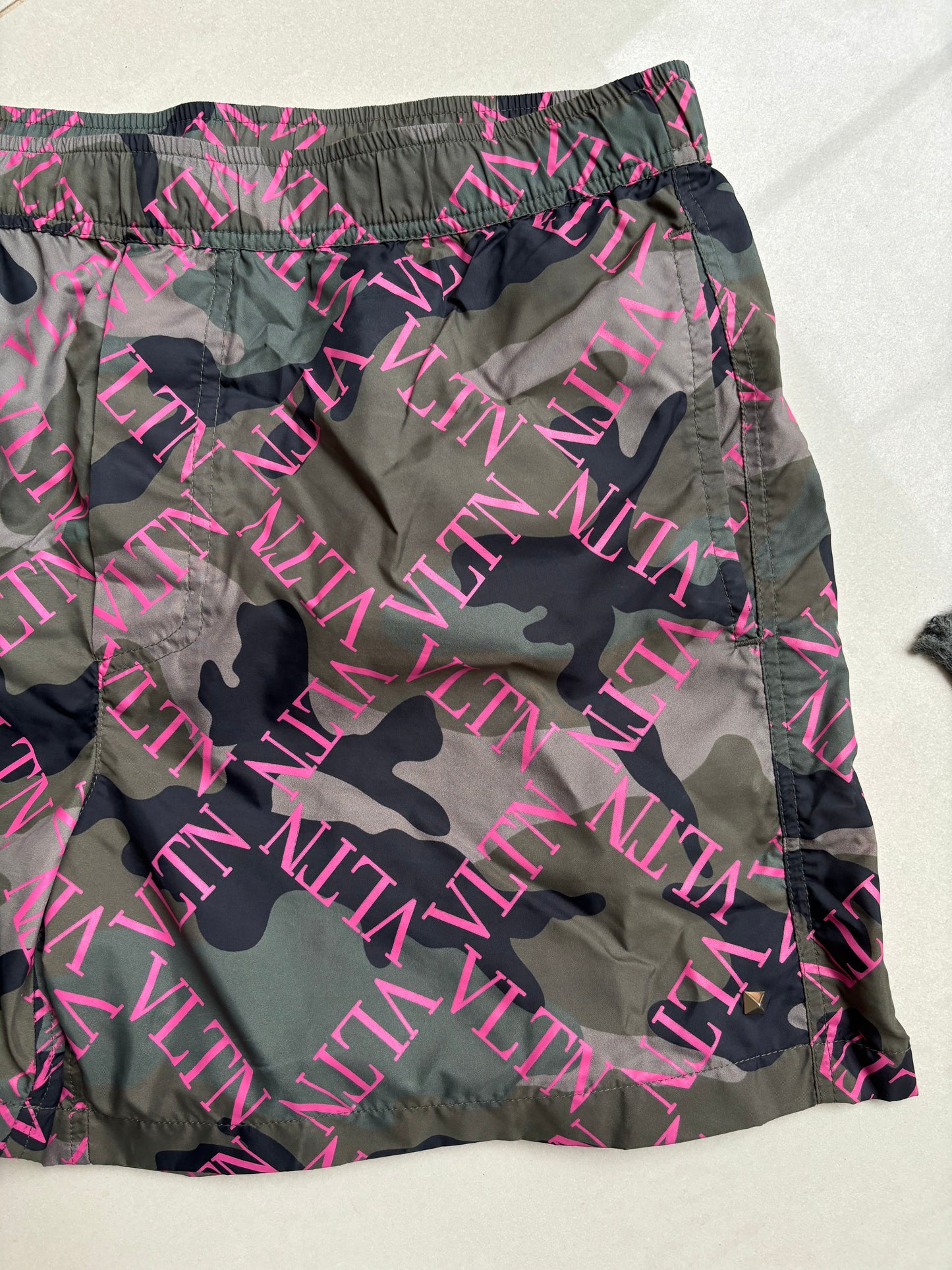 Valentino Mens Swim Shorts Camo Pink Script 46