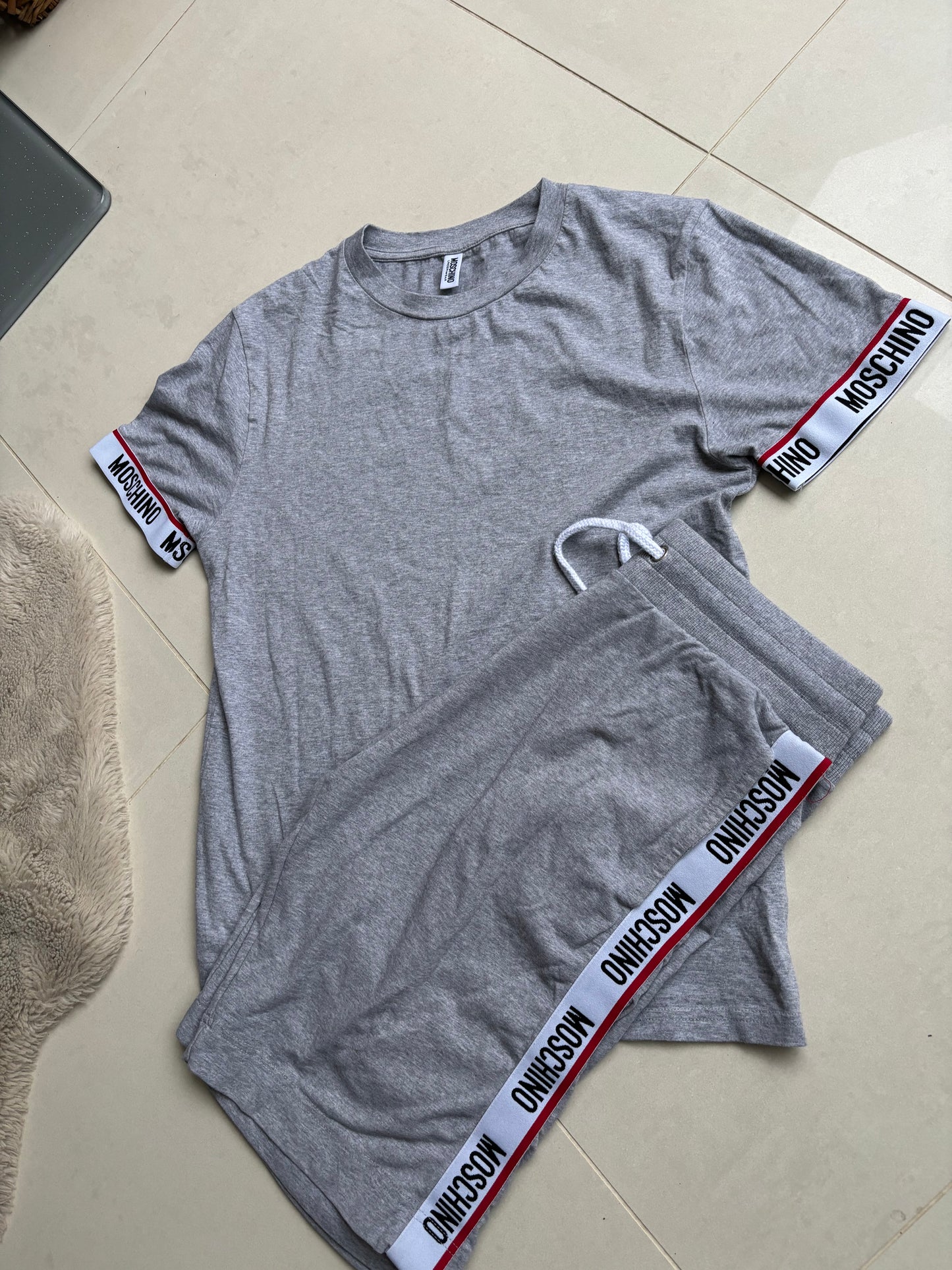 Moschino Mens Grey Tape Shorts + T Shirt Set M