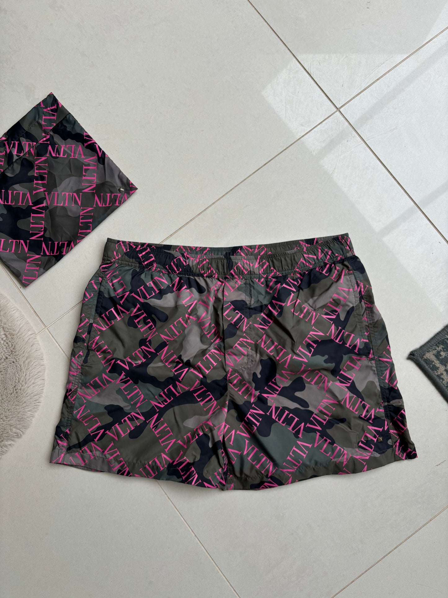 Valentino Mens Swim Shorts Camo Pink Script 46