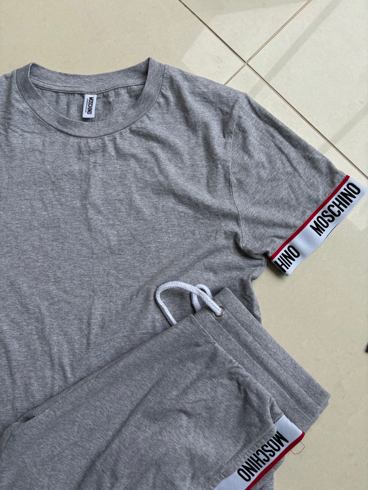 Moschino Mens Grey Tape Shorts + T Shirt Set M